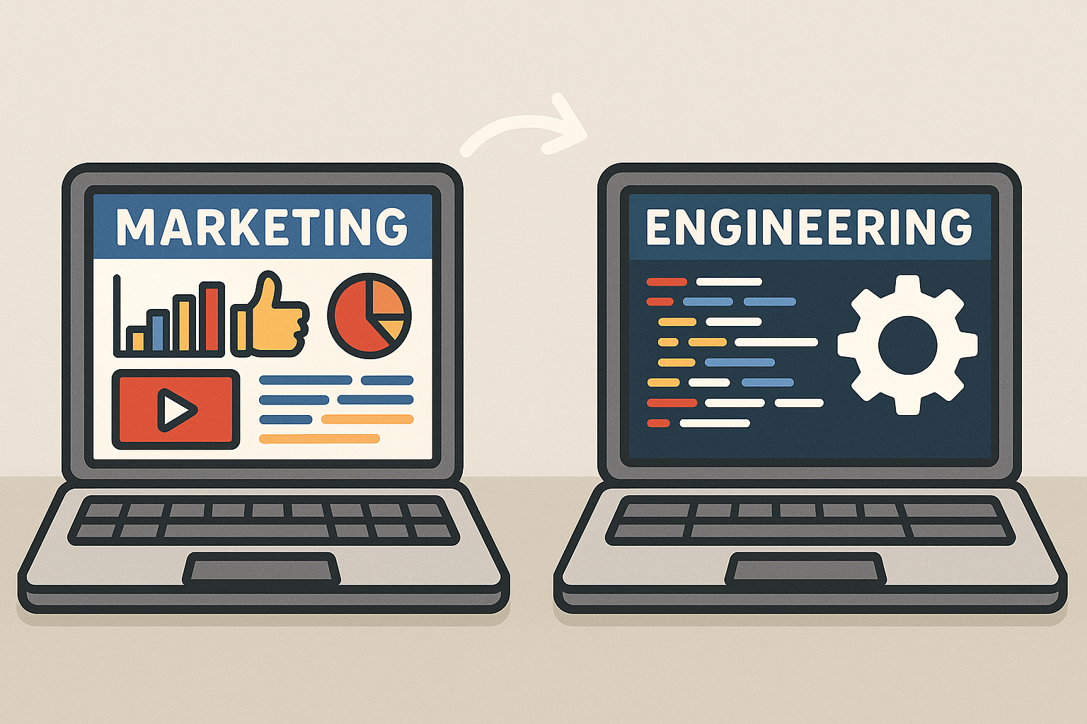 Illustration of work on a screen transitioning from marketing to engineering related work